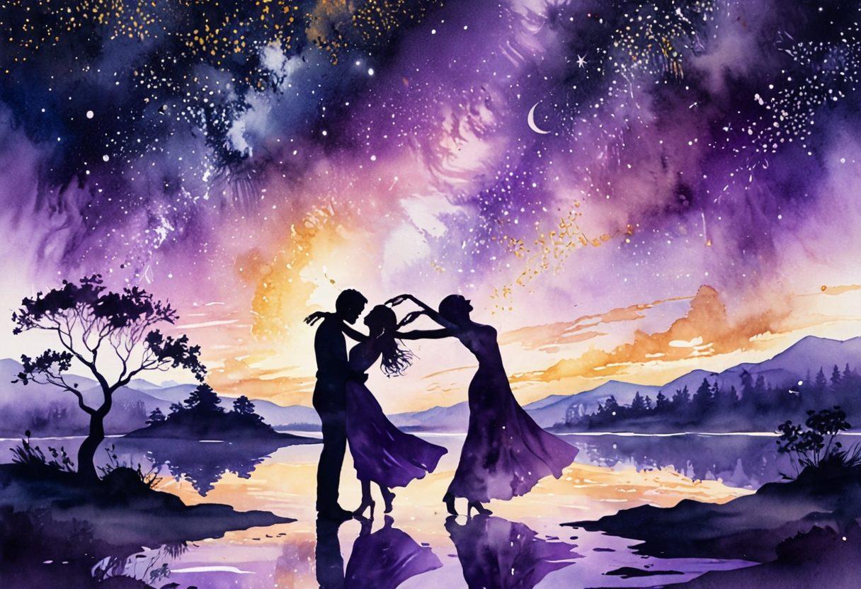A warm, inviting scene depicting two silhouettes engaged in an intimate dance under a starry night sky, surrounded by ethereal sparks symbolizing connection and desire. Soft hues of purple and gold illuminate the scene, capturing the euphoria of love and intimacy. A serene landscape in the background, blending nature with romance, enhances the emotion. watercolor style. dreamy atmosphere.
