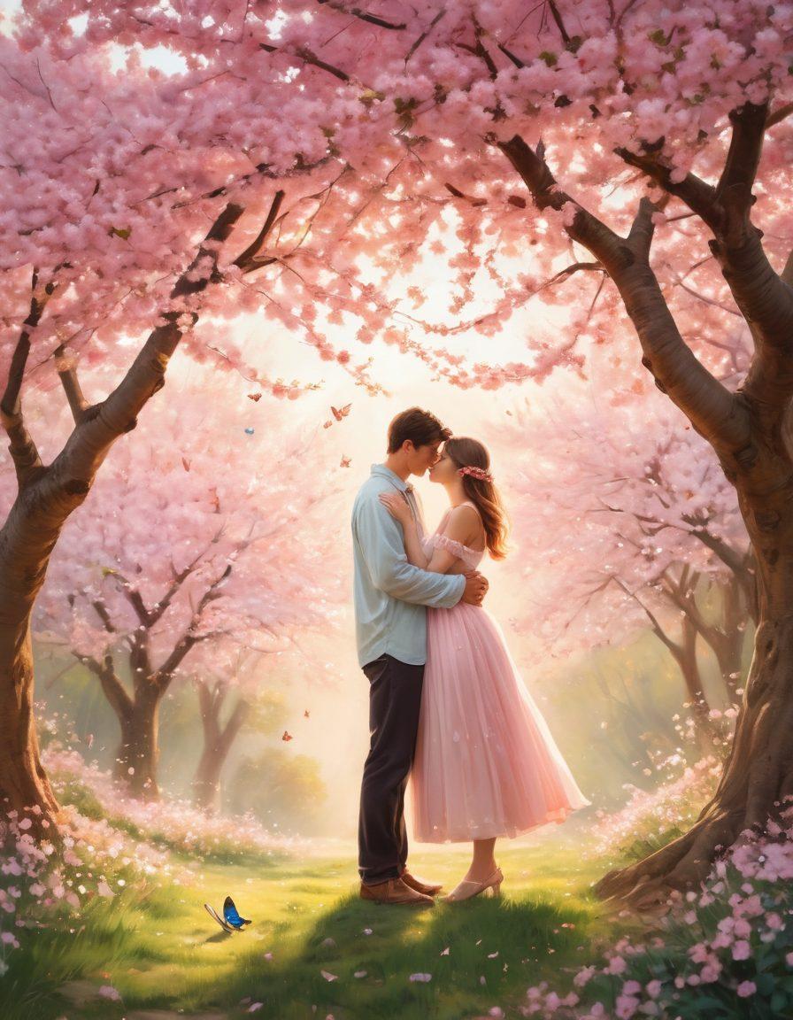 A serene outdoor scene depicting a couple embracing under a blooming cherry blossom tree, surrounded by soft pastel colors. Their expressions radiate joy and tenderness, while gentle sunlight filters through the petals, creating a warm, inviting atmosphere. Add hints of playful nature, like butterflies dancing around them. surreal art style. vibrant colors. soft focus.