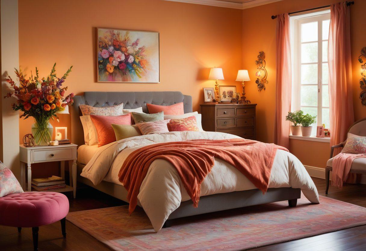 A whimsical and inviting bedroom scene filled with soft, colorful textures, plush pillows, and playful decor. Include subtle elements that suggest intimacy, such as soft candlelight and romantic shadows, evoking a sense of joy and pleasure. Incorporate a diverse couple sharing a laugh, showcasing connection and intimacy in a light-hearted manner. Surround the space with vibrant flowers and warm hues that enhance the overall joyful atmosphere. soft focus. vibrant colors. 3D.